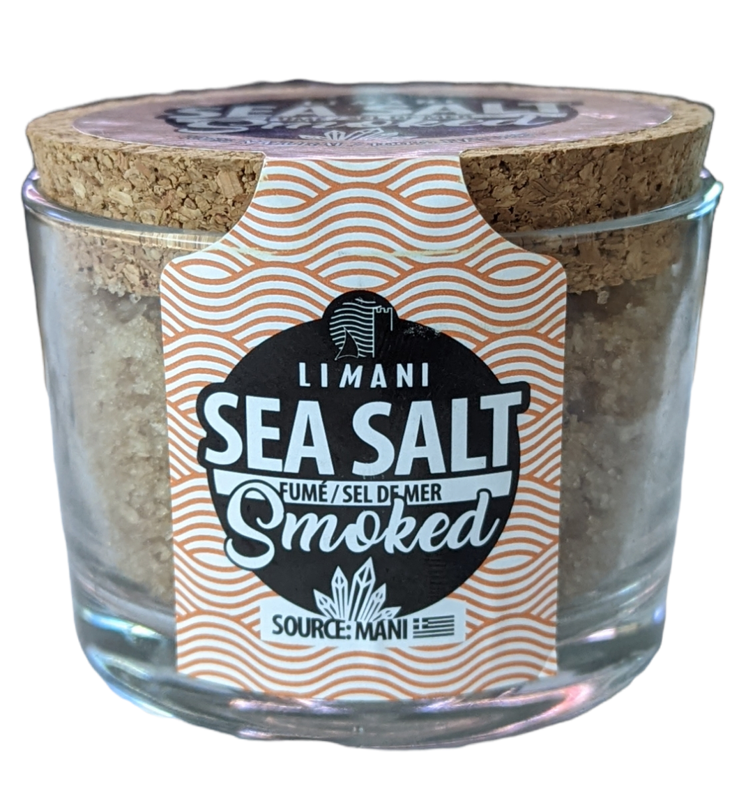 Limani Smoked Sea Salt, All Natural Greek Finishing Fleur de Sel, 130g (4.55oz), hand harvested from Mani, Greece